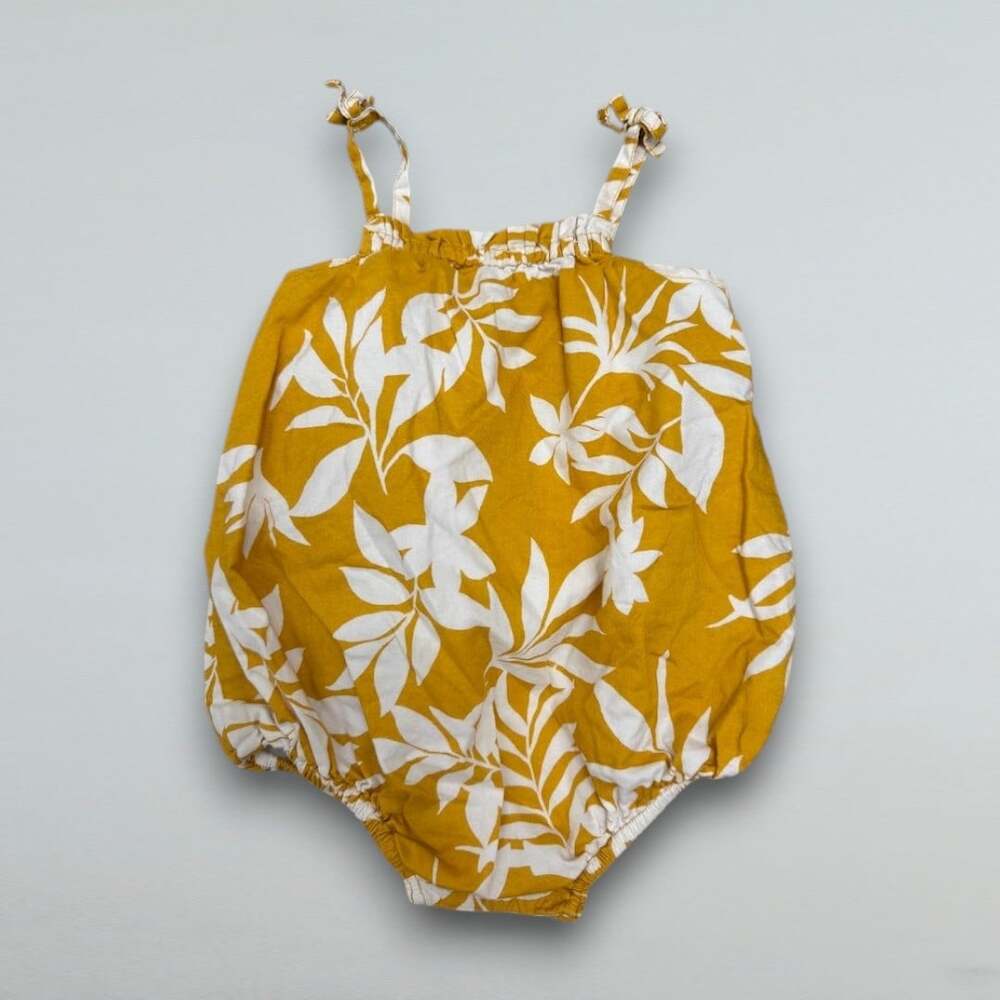 Mustard Yellow Tropical Floral Bubble Romper Baby 6-12M